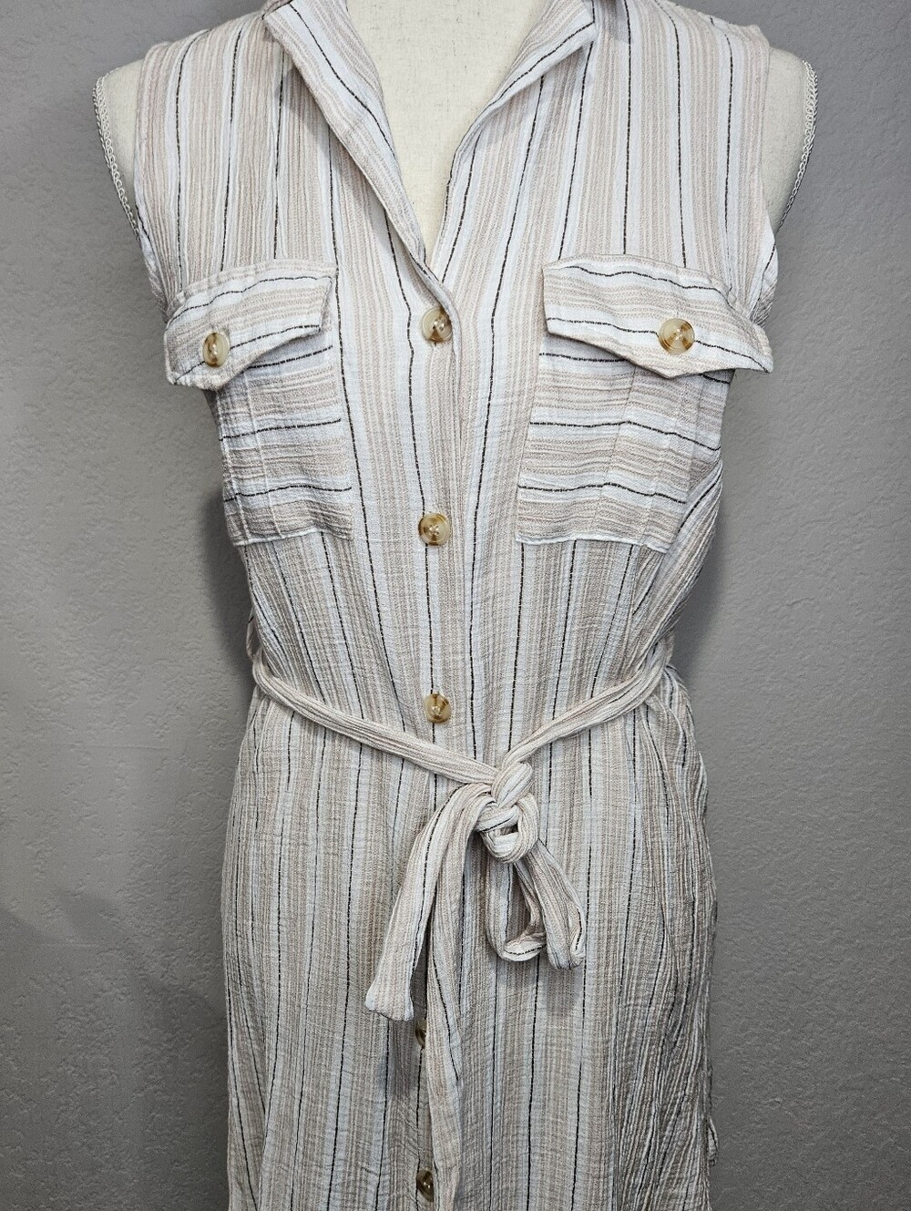 EUC Mine Beige Striped Button-Up Sleevless Dress Size S
